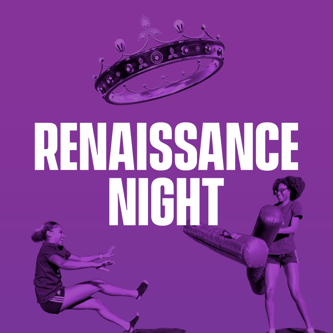 RENAISSANCE NIGHT written on an image of students playing a game while a crown floats above them.