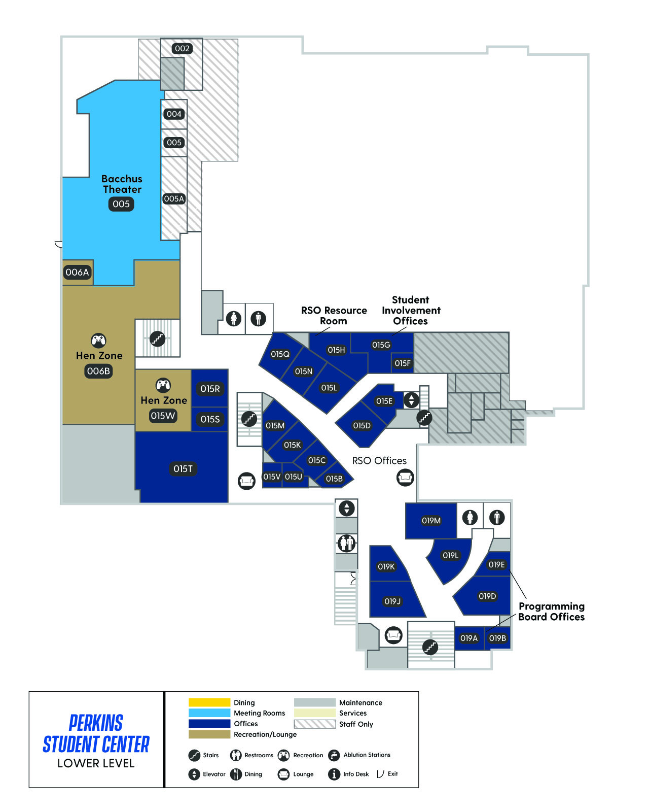 Perkins Lower Level Map, showing Bacchus Theater, Student Involvement offices, and the UD Programming Board office