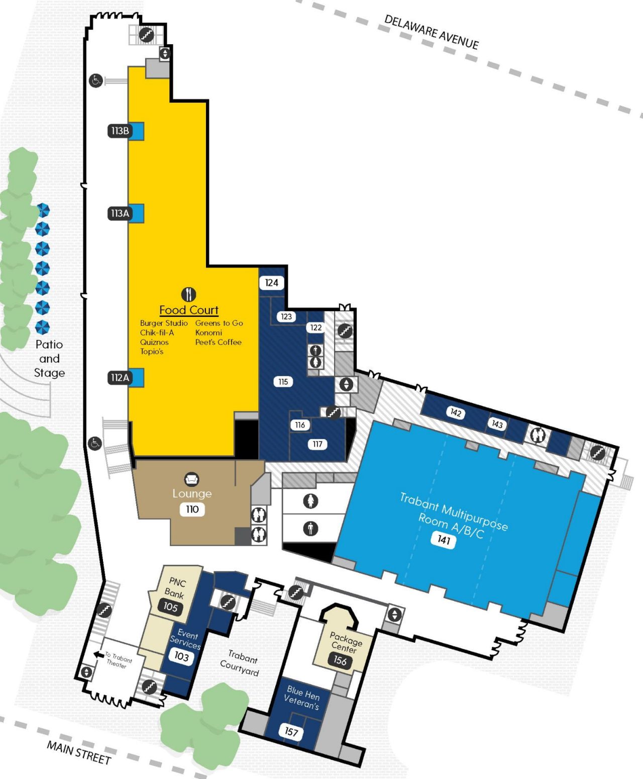 Map of the first floor of Trabant showing a Multipurpose Room, Food Court, and PNC Bank
