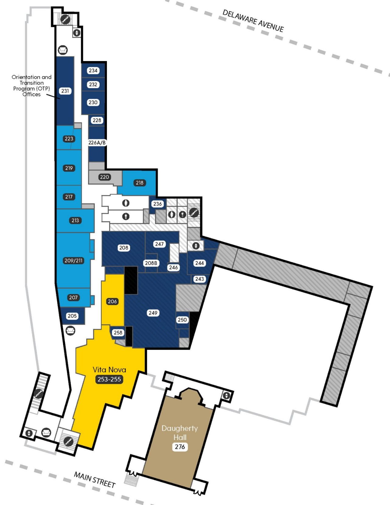 Map of Trabant Second Floor showing Vita Nova, Interfaith Space, Orientation & Transition Program Offices, and several reservable meeting spaces