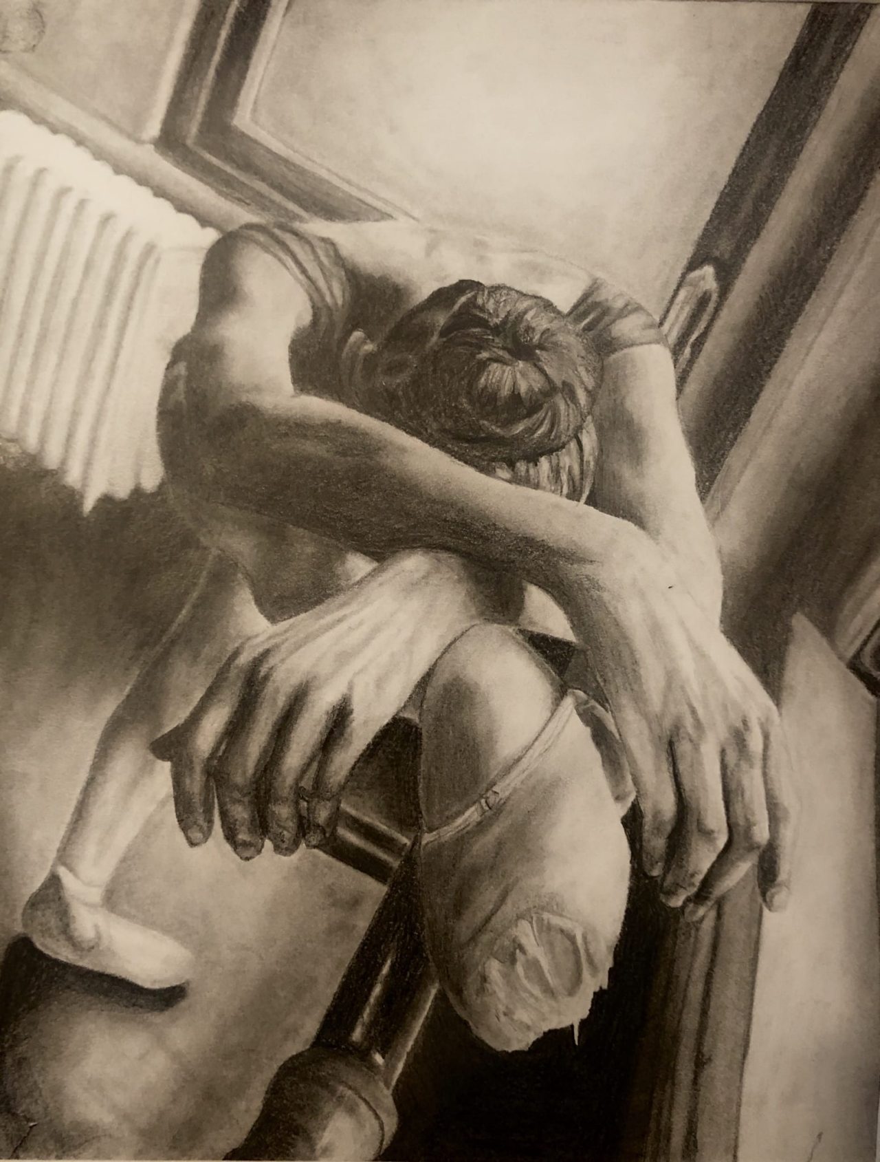Graphite pencil drawing of a ballerina by Lindsay Marrione