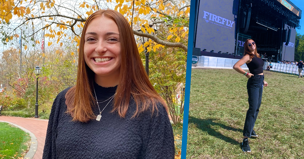 Elyse DiPisa headshot and photo at Firefly Festival stage