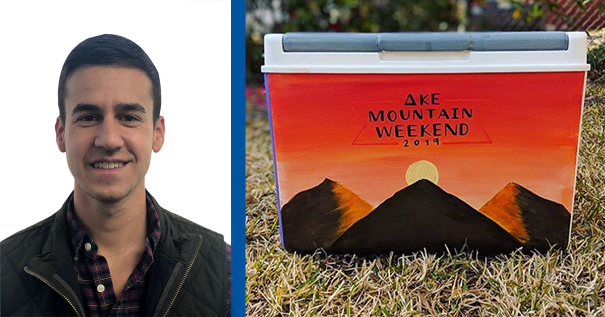 Headshot of Garrett Baretta next to one of his painted coolers