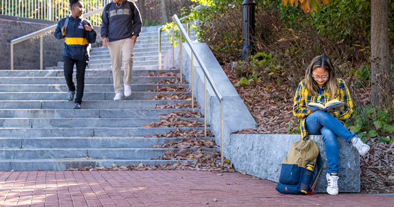 Student reads book on UD campus in autumn