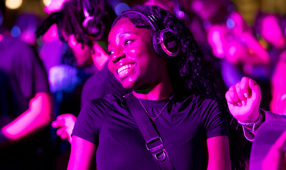 Student dances at the Headphone Disco