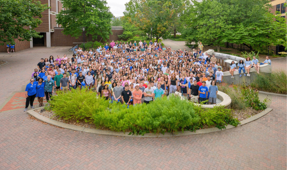 Students gathered to listen to an orientation session