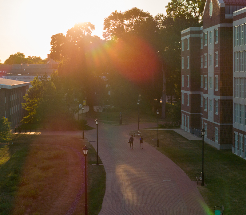 a residence hall on UD's campus at sunset