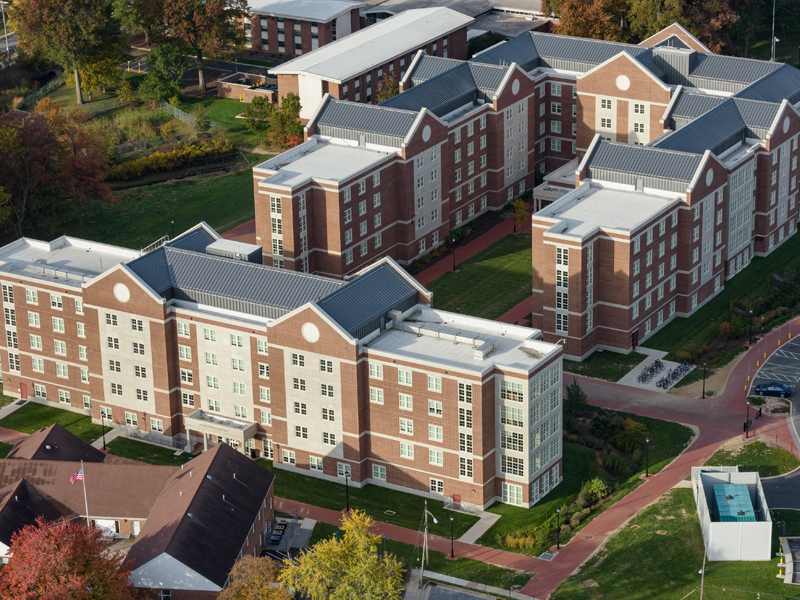 aerial view of residence halls on University of Delaware's campus.