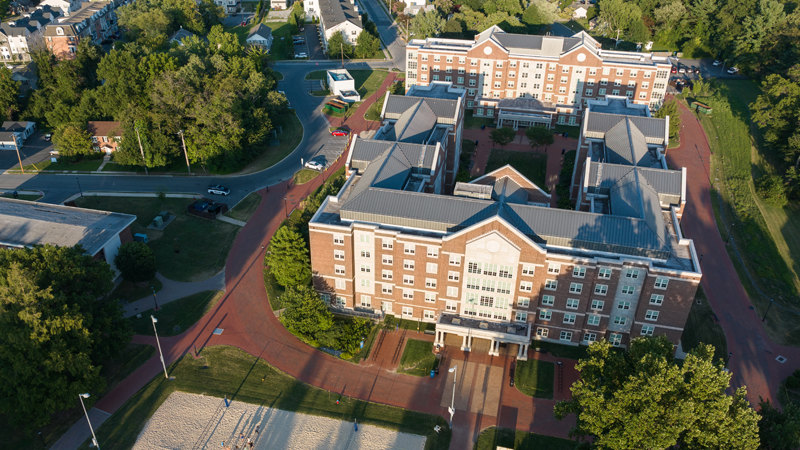 aerial view of Harrington residence hall on University of Delaware's campus.