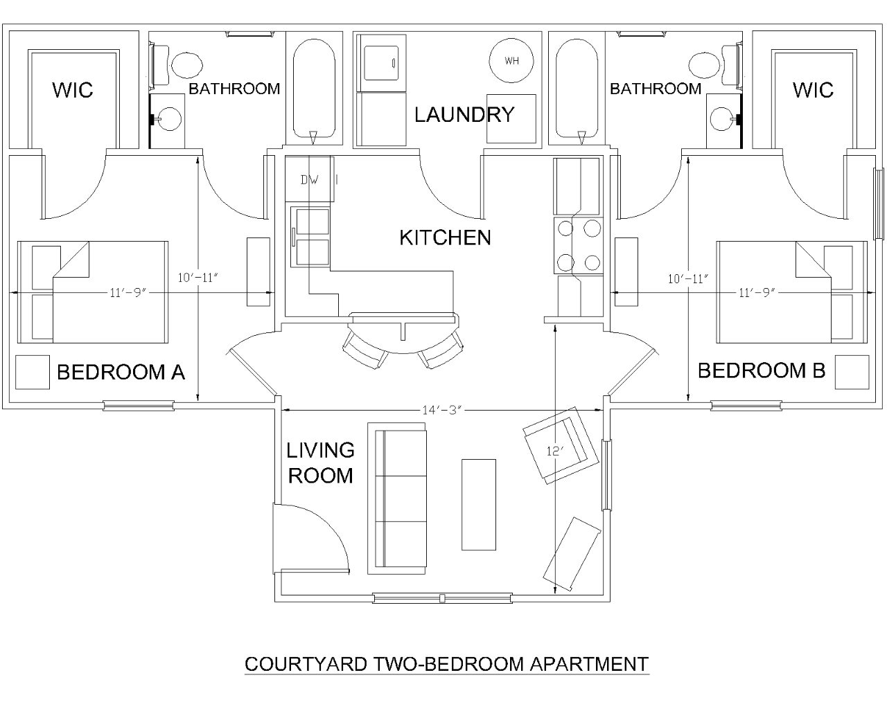 diagram of 2-bedroom/2-bath apartment layout