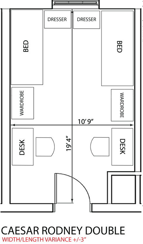 diagram of double room in Caesar Rodney residence hall