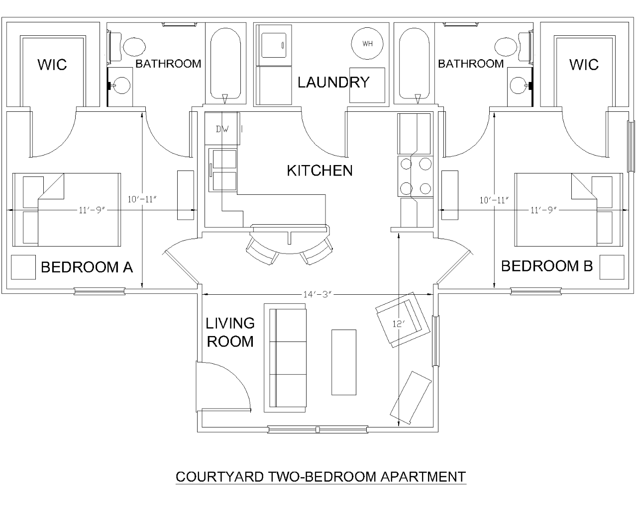 floor plan of a 2-bedroom apartment in University Courtyard apartments.