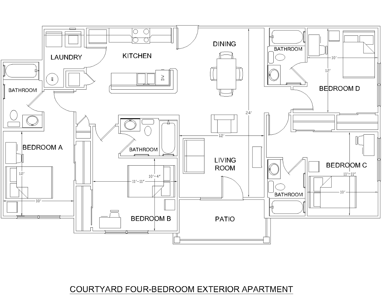 floor plan of a 4-bedroom apartment in University Courtyard apartments.