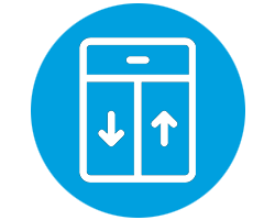 blue and white icon of an elevator