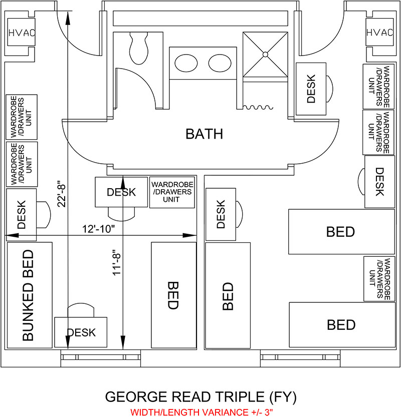 Sample George Read suite layout. Each room includes three beds, wardrobes and desks, and a shared bathroom