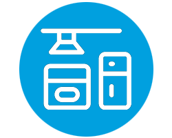 blue and white icon of a kitchen