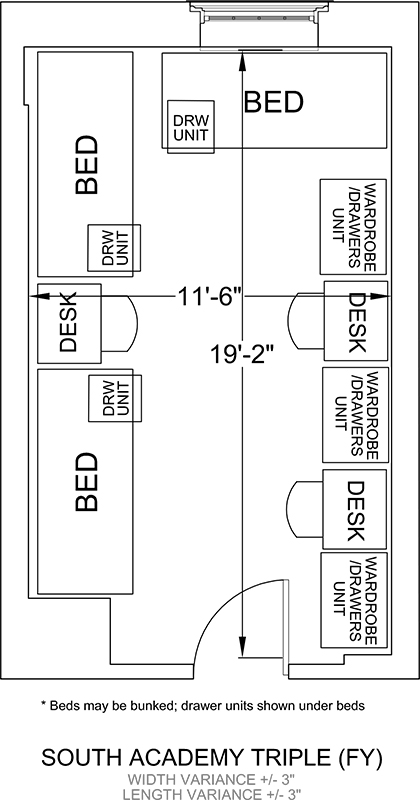 sample South Academy room layout with three beds, wardrobes and desks