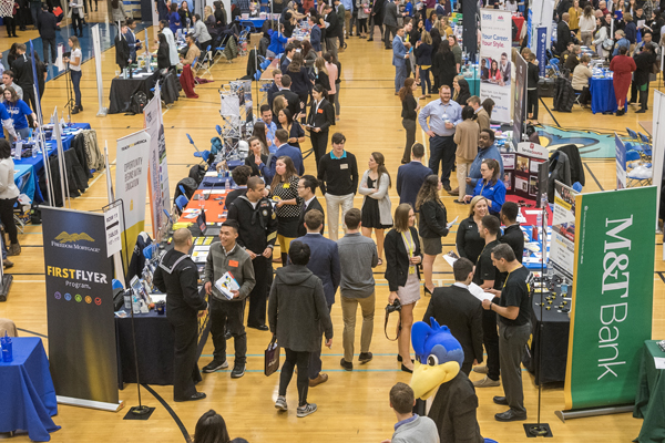 aerial view of career fair attendees in the gym at the Bob Carpenter Center