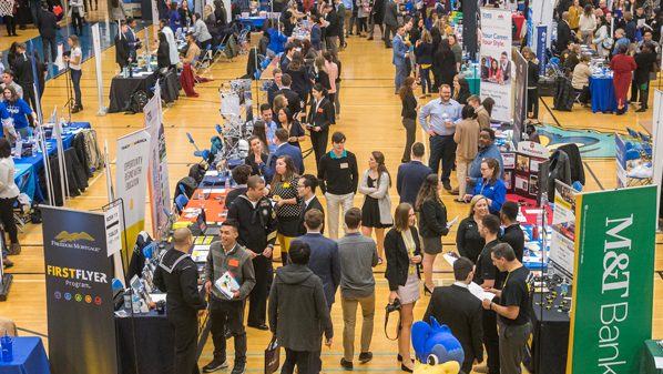aerial view of career fair attendees in the gym at the Bob Carpenter Center