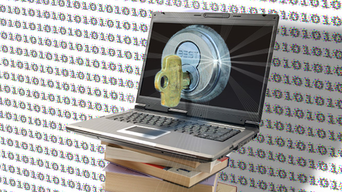 Laptop standing on top of pile of books information concept