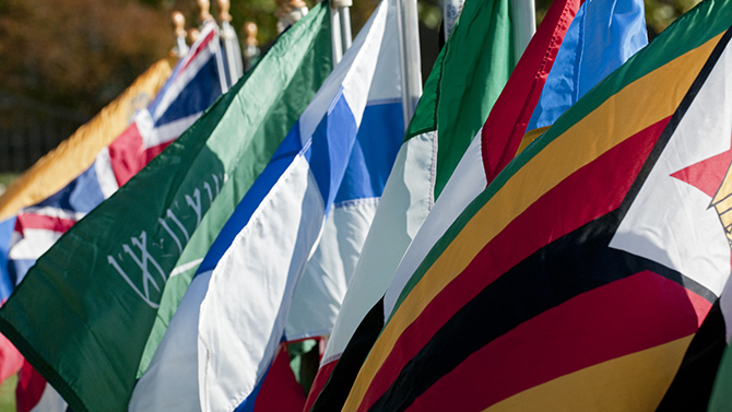 Flags of various countries on the Green in front of Memorial Hall. Shot for the Global Magazine.