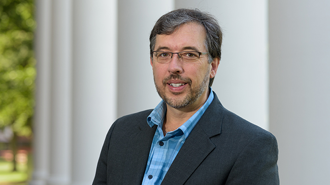 Norm Wagner, the Robert L. Pigford chaired professor of Chemical and Biomolecular Engineering, photographed outside Dupont Hall for a postcard announcing his election to the National Academy of Engineering.  - (Evan Krape / University of Delaware)