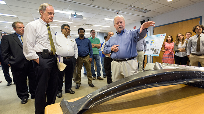 Delaware Senator Tom Carper visiting the Center for Composite Materials during tours of the UD campus and various departments. On the tour, the Senator talked with researchers and students at the center about their work and the beneficial impact it makes on the State. - (Evan Krape / University of Delaware)