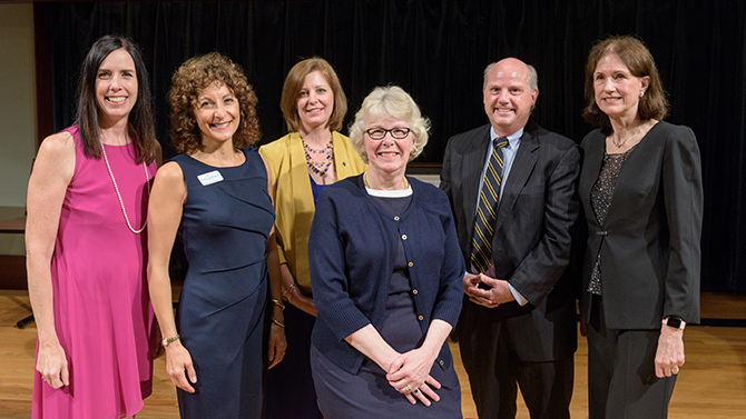 Alumni Weekend 2016 - Alumni Wall of Fame Induction Ceremony to honor new inductees. Present for the ceremony were recipients Grace Thompson Leong, AS88; Tara Beckerer Manal, AS91, 93M; Leo Strine Jr, AS85; and Marna Cupp Whittington, AS68 The welcome was given by Anne Giacoma Barretta, AS83, President of the University of Delaware Alumni Association (UDAA),  with additional remarks by Rebecca Jaeger, AS16 and Warner Award Winner, and Nancy Targett, UD President.  - (Evan Krape / University of Delaware)