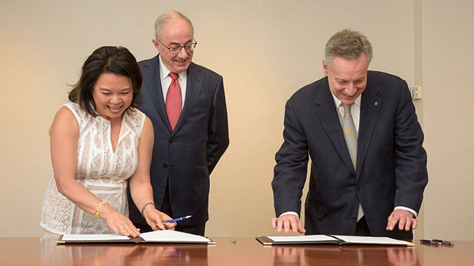 Official signing and (impromptu) check handing off ceremony for a $5 million donation to the music department from Donald J. Puglisi and his wife Marichu Valencia. Puglisi -  an MBNA America Professor of Business Emeritus, board of trustees member, and recent chair of the search committee which selected UD's 28th President - and his wife, Valencia, have been exceptionally generous benefactors to the University of Delaware and to the music program, in particular. - (Evan Krape / University of Delaware)