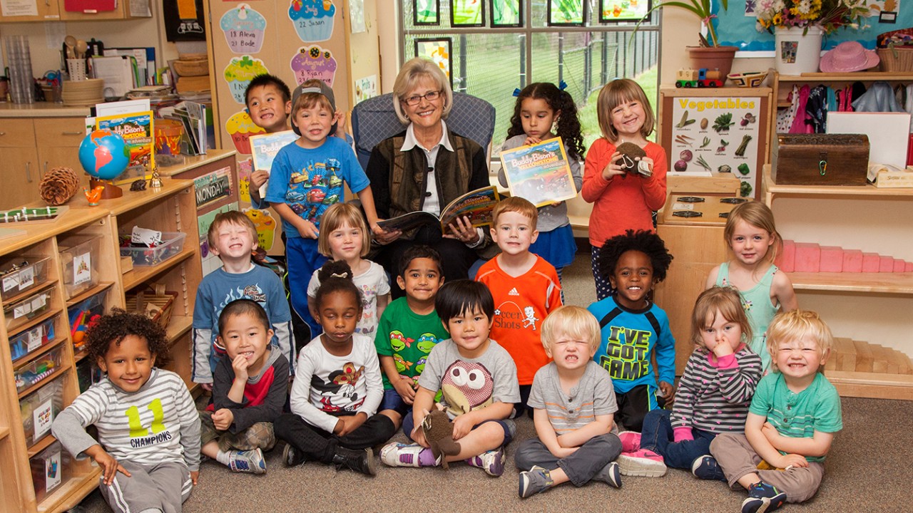 Author, Ilona Holland reading her book Buddy the Bison to students at the ELC