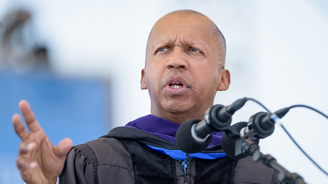 The 167th University of Delaware Spring Commencement ceremony held in Delaware Stadium on Saturday, May 28, 2016. Including commencement speaker Bryan Stevenson, the founder and executive director of the Alabama-based Equal Justice Initiative and award-winning author of "Just Mercy: A Story of Justice and Redemption," honorary degrees were also awarded to Patrick T. Harker, former president of the University of Delaware; Nancy M. Targett, president of the University of Delaware; and Ruth Ann Minner, the first female Governor of the State of Delaware who served 2 terms from 2001-2009.