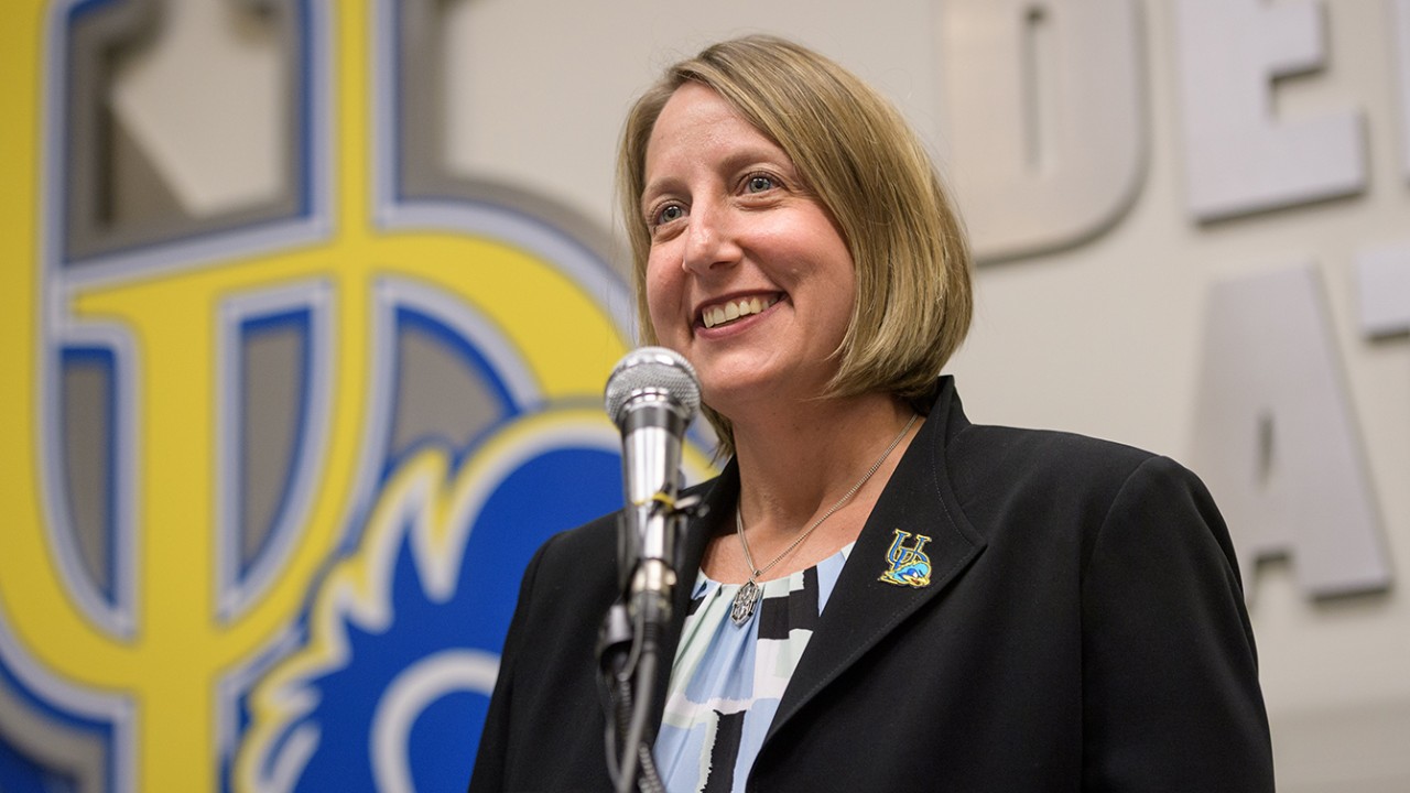 Press conference to announce Christine Rawak as the new director of Intercollegiate Athletics and Recreation Services for the University of Delaware. Rawalk is the 6th AD for UD and was previously the Executive Senior Associate AD / Chief External Relations and Design Officer for the University of Michigan. - (Evan Krape / University of Delaware)