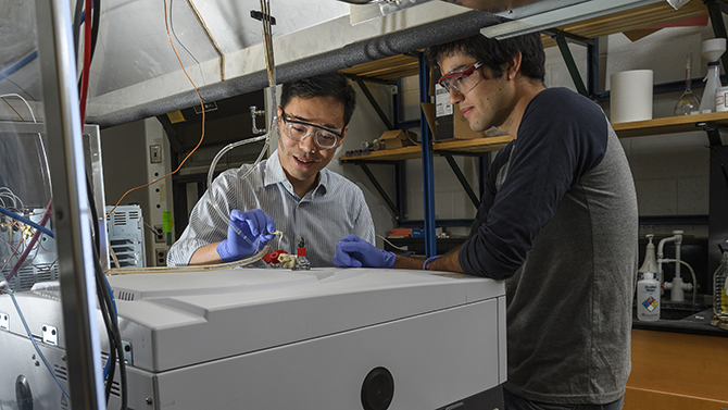 Bingjun Xu has received an AFOSR Young Investigator Award and works with Marco Dunwell, one of his students on a Surface Enhanced FTIR for electrochemical studies.