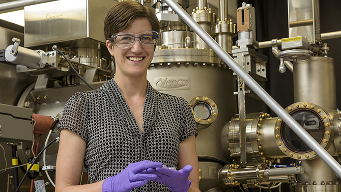 Stephanie Law - Materials Science Dr. Stephanie Law, Materials Science works with doctoral students Theresa (Tess) Ginley (royal blue shirt) and
Dongxia Wei with the MBE:Molecular Beam Epitaxy machine.
