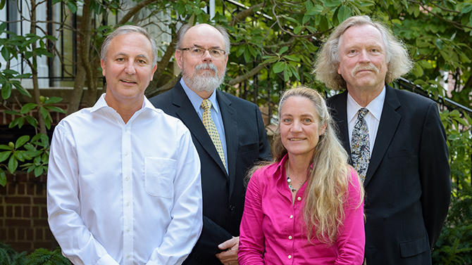 CAS-Named_Professors_Group-083016 Group photo of 4 new named professors in the College of Arts and Sciences. From left: Bruno Thibault, professor of French civilization and literature in the Department of Languages, Literatures, and Cultures; John Ernest, chairperson of the English Department; Annette Giesecke, professor and interim chair of the Department of Languages, Literatures, and Cultures; and Larry Nees, chairperson of Art History. - (Evan Krape / University of Delaware)