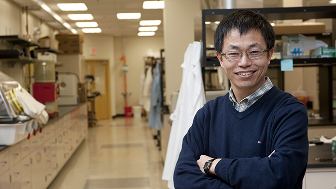 Yushan Yan, Chemical & Biomolecular Engineering and his "team" of students do research at his new facility at 5 Innovation Way. Yushan Yan in his new laboratory at 5 Innovation Way where his team of researchers designs new materials for energy application.