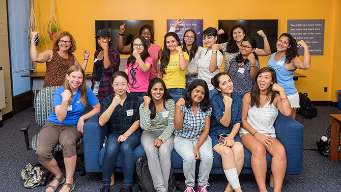 Group photo of the University of the University of Delaware ACM-W Student Chapter (CISters): "a group of undergraduate, graduate, and faculty women in technology-driven fields" [CISters website]. - (Photographic Services / University of Delaware)