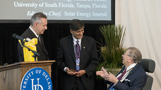 Karl Boer Solar Medal Award Ceremony on Friday, September 23, 2016, at the ISE Lab Commons. Sponsored by the Energy Institute. Dr. Yogi Goswami, 2016 recipient, University of South Florida. PURPOSE OF THE MEDAL: The medal was awarded to an individual who has made significant pioneering contributionsin solar energy, wind energy, or other forms of renewable energy as an alternate source of energy through research, development, or economic enterprise, or to an individual who has made extraordinary valuable and enduring contributions to the fields of solar energy, wind energy, or other forms of renewable energy in other ways.
