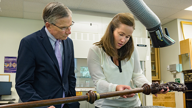 Winterthur-NEH_Chair_Tour-090816 William "Bro" Adams, chair of the National Endowment for the Humanities, touring various conservation and research labs at Winterthur Museum and Gardens and meeting with the researchers, conservators, and students working there. - (Evan Krape / University of Delaware)