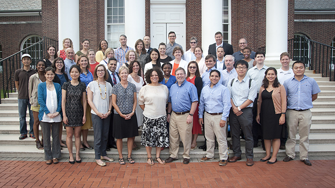 Center for Education Effectiveness new faculty and UD senior management group photo on the steps of Memorial Hall followed by a reception at the Wright House.