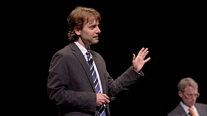 As part of the National Agenda speaker series, a panel discussion addressed public opinion in "Delaware and the Nation".  Participants are : Paul Brewer, David Wilson, Michael Dimock, & Sarah Burd-Sharps.  SHOWN - Paul Brewer, UD Center for Political Communications