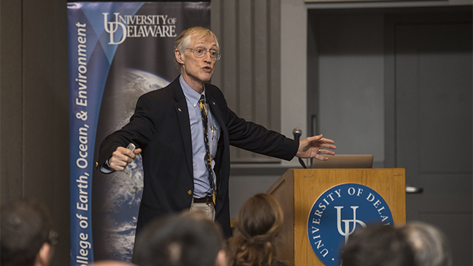 Dr. John C. Mather, a NASA scientist and 2006 Nobel prize winner in Physics gave a lecture on the Webb telescope he's working on with NASA to a crowded room of CEOE and Physics professors and students, Thursday, April 13th, 2017.
