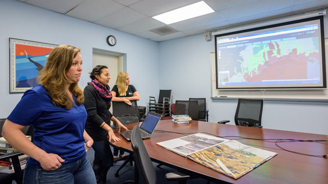 A quick-response team of three doctoral students - (left to right) Valerie Marlowe (left) of Houston, Texas, Cynthia Rivas of Los Angeles, California, and Rachel Slotter of Ocean City, Md. - will leave for Houston Monday and spend about a week there, gathering information for the University of Delaware’s Disaster Research Center.
