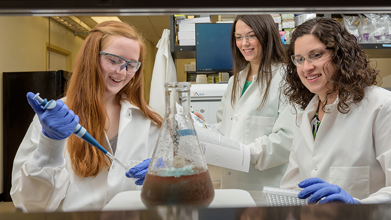 Undergraduate Maggie Billingsley and graduate student Rachel Riley and with assistant professor Emily Day in their lab. The three have recently published a paper on improving the sensitivity of the enzyme linked immunosorbent assay (ELISA) used to detect disease-associated biomarkers. The improvement uses an antibody-nanoparticle conjugate - "nanoshells decorated with antibodies specific to epidermal growth factor receptor" - that improve "[detection of] low levels of biomarkers found in various diseases, such as cancers, tuberculosis, and rheumatoid arthritis" [https://doi.org/10.1371/journal.pone.0177592] - (Evan Krape / University of Delaware)