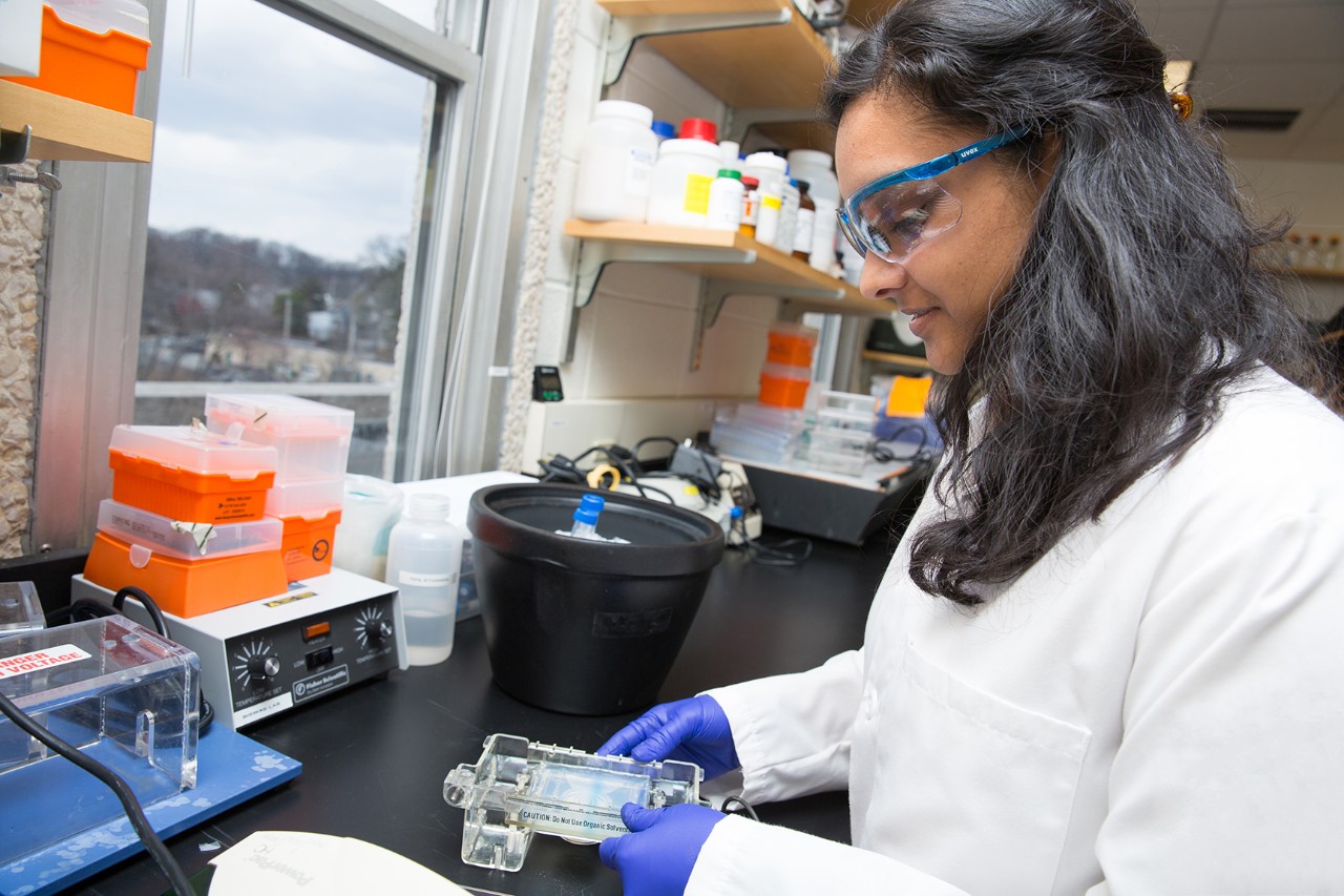 Photoshoot with Medical Laboratory Sciences students: Joscelyn Korth (lab manager), Meera Patel (Ph.D. student), Albtool Alturkestani (OPT post-grad intern), Jazzlyn Jones (post-grad intern).