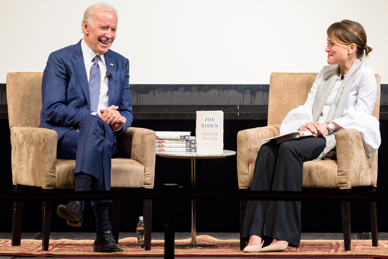 47th Vice President of the United States Joe Biden's "American Promise" book tour event in the Trabant Multipurpose Rooms on November 16, 2017 as presented by the Biden Institute. The University of Delaware stop featured a conversation between Biden and novelist Lea Carpenter about the book: "Promise Me, Dad: A Year of Hope, Hardship and Purpose" - an intimate memoir about the most momentous year in Biden’s public life, as he confronted devastating personal loss, while trying to balance his duty to his family and his country. - (Evan Krape / University of Delaware)