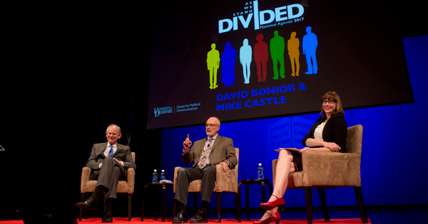 As part of the 2017 National Agenda lecture series entitled "As We Stand, Divided" former U.S. Representatives Mike Castle & David Bonior spoke about Political Divides.  SHOWN - (seated L to Rt) Castle, Bonoir & moderator UD Prof. Lindsay Hoffman.