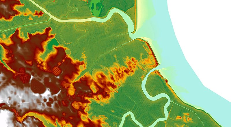 (color LiDAR image) Bowers Beach, DE, between the St. Jones and Murderkill Rivers,  Elevation map derived from the statewide LiDAR survey flown in early 2014. Most areas of green show elevation of less than 1 meter with areas of red approx 2 - 4 m.
