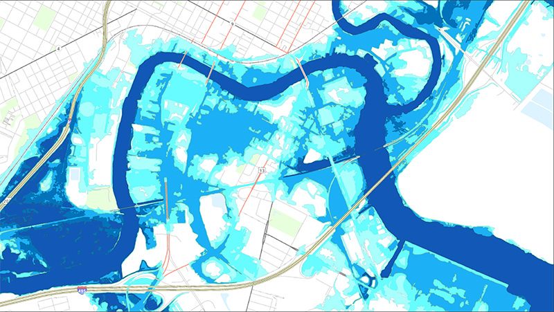(Northbridge inundation map), South Wilmington, DE, surrounded by the Christina River, potential impacted areas during average high tide under a 7 ft sea-level rise scenario.  Darker blues represent deeper inundation potential.