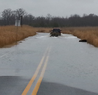 Photo credit: Delaware Environmental Observing System

Cutline: A vehicle navigates Route 9, which is inundated by waters from the swollen Smyrna River during a storm.
